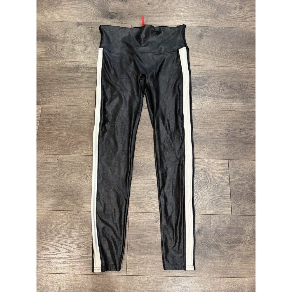 SPANX Women’s Faux-leather Stripe Leggings Large Black & White EUC